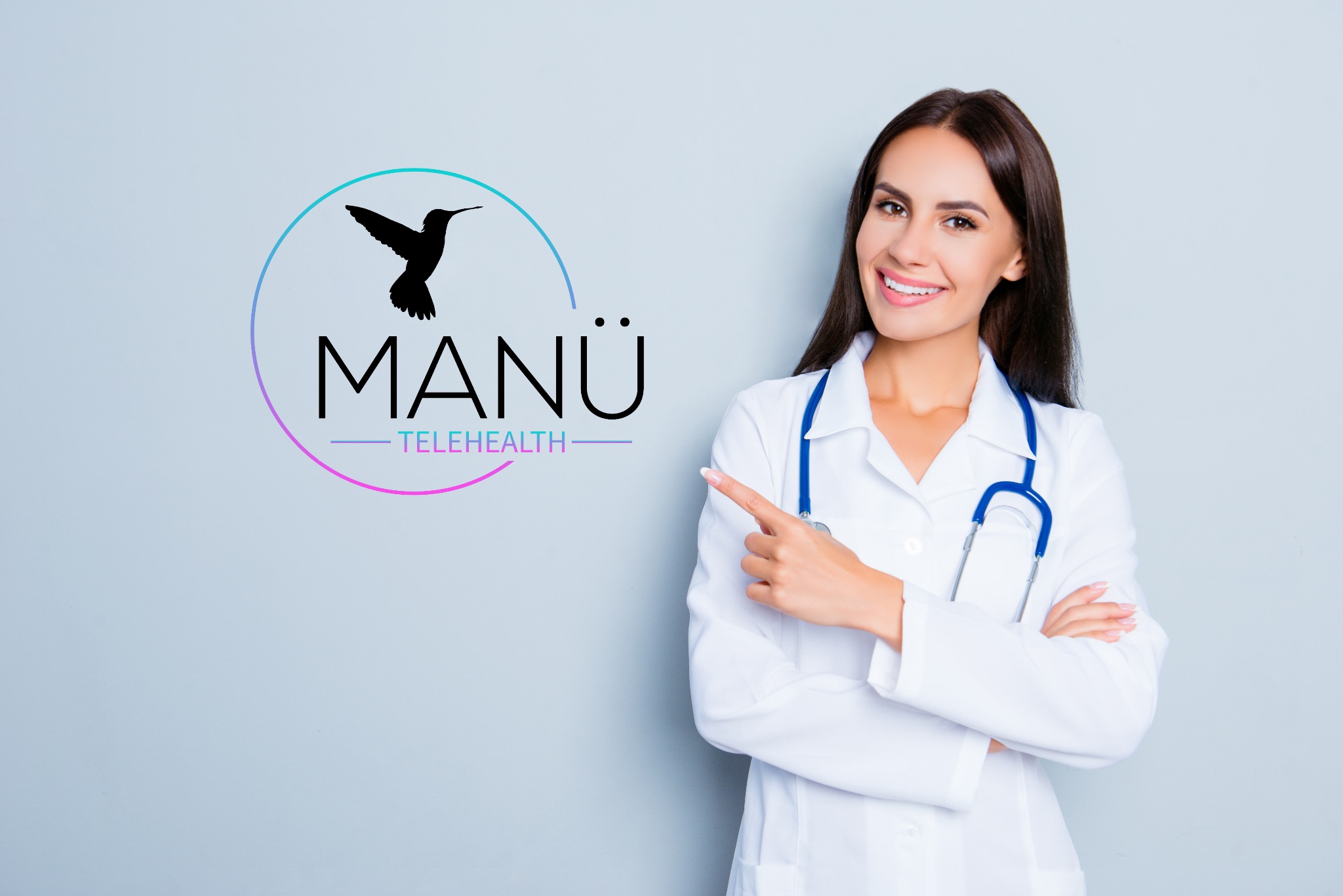 Doctor pointing to the MANÜ Telehealth logo